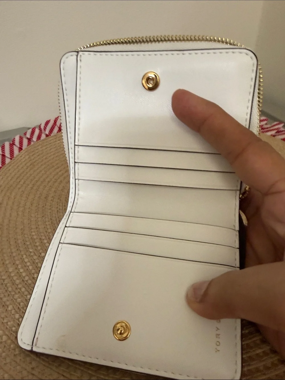 Tory Burch White Perforated Patent Zip Wallet with Gold Logo